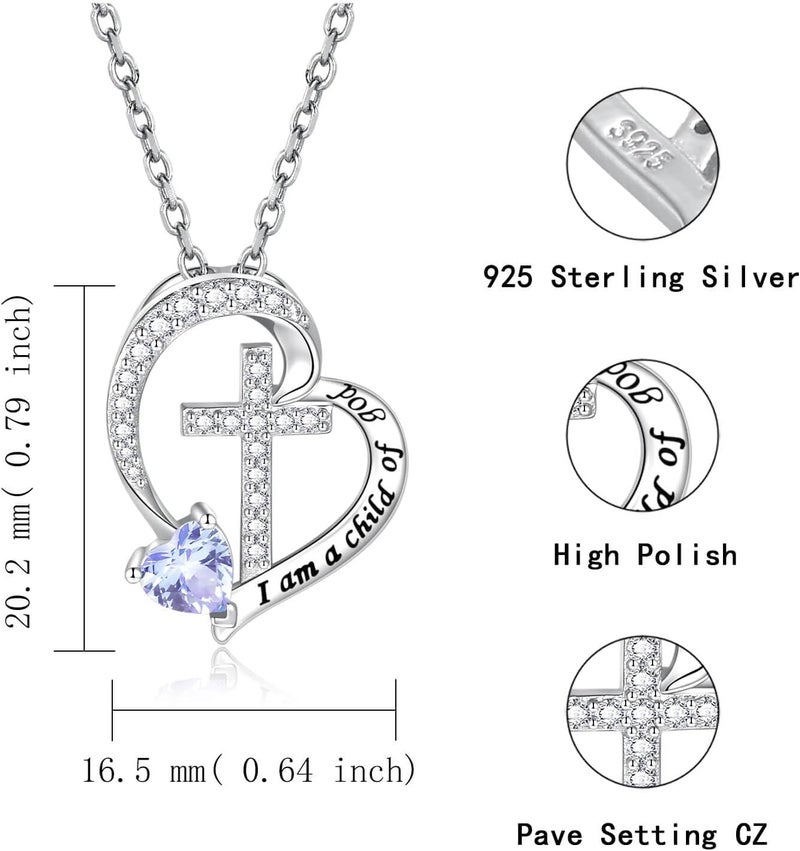 MANBU Sterling Silver Cross Necklace for Girls: Heart Birthstone I am a Child of God Pendant Religious Jewelry Baptism First Communion Confirmation Gifts for Teens - Image 4